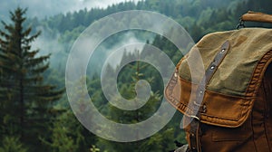 tourist backpack on the background of nature mountains