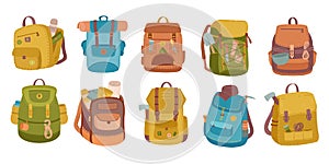 Tourist backpack. Camping bags, hiker knapsack with mountain journey equipment vector icons set
