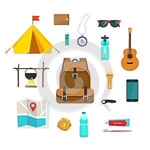 Tourist backpack with camping hiking things equipment to travel