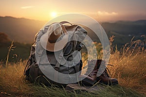 Tourist backpack, hat, boots are stacked on top of hill with beautiful view of mountains and sunset