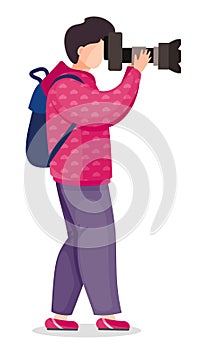 Tourist with backpack and high resolution camera taking photo, vector cartoon character, side view