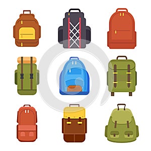 Tourist backpack or hike bags and knapsacks colorful icons set.