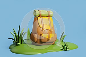 Tourist backpack standing on grass
