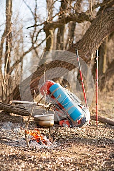 Tourist backpack stands in a tent