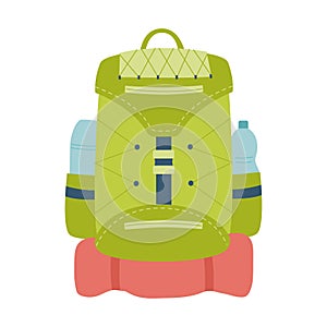 Tourist backpack with thermos, bottle and travel mat. Equipment for fishing, tourism, travel, camping, hiking. Flat vector