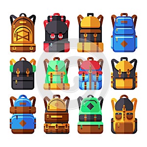 Tourist backpack vector flat icons. Hiker knapsack isolated on white