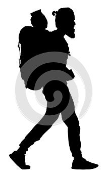 Tourist with backpack vector silhouette. Camping man traveling. Boy hiking. Traveler around the world. photo