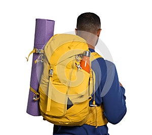 Tourist with backpack on white background, back view