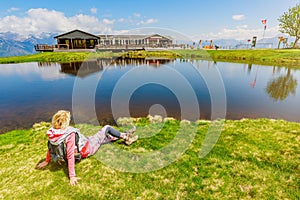 Tourist backpacker woman in Tamaro mount