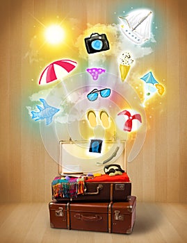 Tourist bag with colorful summer icons and symbols