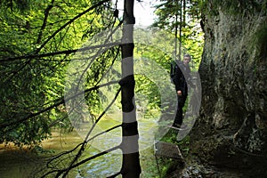 A tourist in the beautiful gorges of the Slovak Paradise National Park