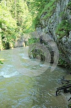 A tourist in the beautiful gorges of the Slovak Paradise National Park