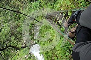 A tourist in the beautiful gorges of the Slovak Paradise National Park