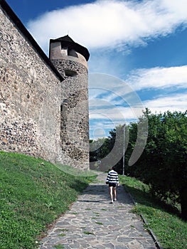 Tourist below Zvolen Castle, Slovakia