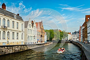 Tourist boat in canal. Brugge Bruges, Belgium