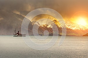 Tourist boat cruising in lake wakatipu queenstonw southland new