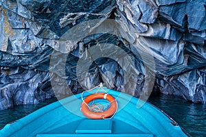 Tour Boat Exploring the Marble Caves in the General Carrera Lake, Chilean Patagonia, South America photo