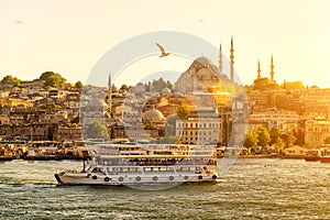 Tourist boat floats on the Golden Horn in Istanbul