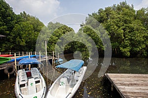 Tourist boat in the Mangrove Nature Tourism Park Area in Muara Angke, Pantai Indah Kapuk, Jakarta photo