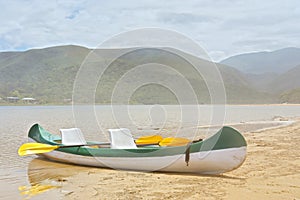 Tourist boat on misty lake