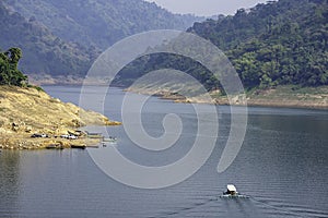 The tourist boat pier park on water at Khun Dan Prakan Chon Dam ,Nakhon Nayok in Thailand