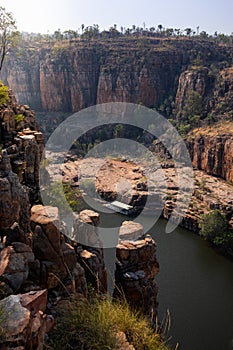 Tourist boat on a river canyon. Vertical picture. The Katherine river at Katherine gorge. Nitmiluk national park, Northern