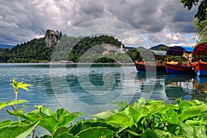 Tourist boats in the foreground, Bled Island is in the background; Lake Bled, Slovenia.