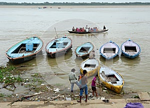 Tourist boats on the Ganges river in Varanasi, India
