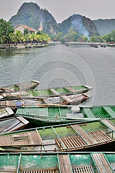 Tourist boats on Ngo river. Tam Coc. Ninh Binh. Vietnam