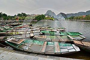 Tourist boats on Ngo river. Tam Coc. Ninh Binh. Vietnam