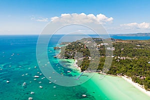 Tourist boats off the coast of the island of Boracay, Philippines, aerial view