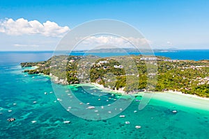 Tourist boats off the coast of the island of Boracay, Philippines, aerial view