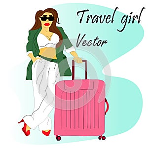 a tourist, a business woman in a trendy green costume with a pink suitcase is traveling the world, going on a business trip.