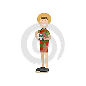Tourist with camera vector illustration in flat style