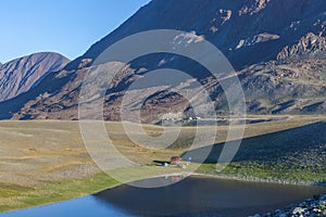 Tourist camp near a lake in the mountains of the Mongolian Altai