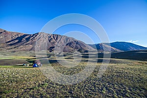 Tourist camp near a lake in the mountains of the Mongolian Altai