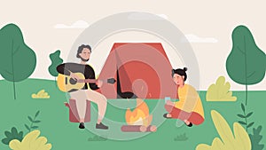 Tourist camping flat vector illustration, cartoon happy camper characters sitting by campfire next to camp tent, guy