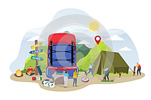 Tourist camping illustration, cartoon tiny people preparing campsite tent in summer day, backpacking nature eco trip