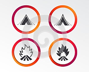 Tourist camping tent signs. Fire flame icons.