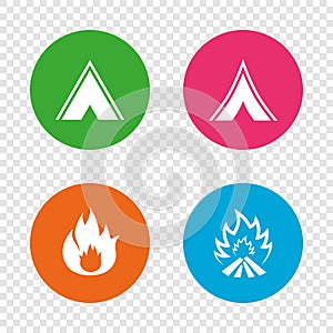 Tourist camping tent signs. Fire flame icons.