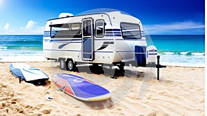 Tourist caravan trailer parked on the beach sand next to surfboards. In concept of vacation travel, tourism