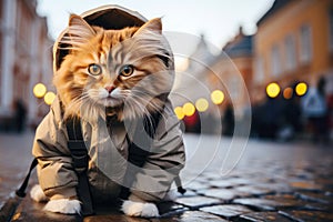 tourist cat in jacket with backpack on city street