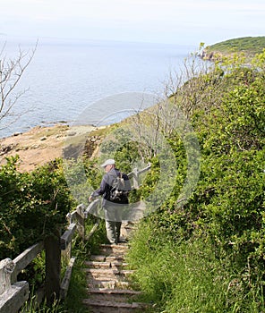 Tourist climb the wooden stair. Bornholm.Denmark