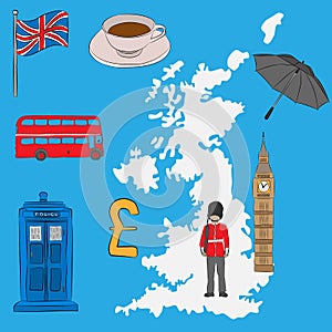 Tourist concept - UK symbols, drawn in pencil. Union Jack flag, Big Ben, royal guard, a cup of tea, umbrella, a London bus, a poli