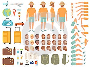 Tourist constructor. Male character body parts suitcase tickets and other items for travelling vector creation kit