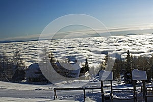 Tourist cottages and Alps landscape