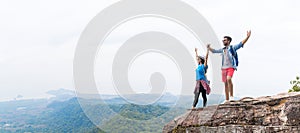 Tourist Couple With Backpack Holding Hands Raised On Mountain Top Enjoy Beautiful Landscape Panorama