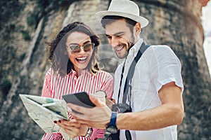 Tourist couple enjoying sightseeing, exploring city