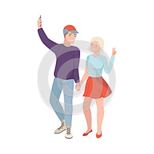 Tourist Couple on Excursion or Sightseeing Tour Holding Smartphone Taking Selfie Vector Illustration