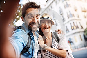 Tourist couple, happy and selfie for travel on a city street with a partner for holiday memory. Face of a man and woman